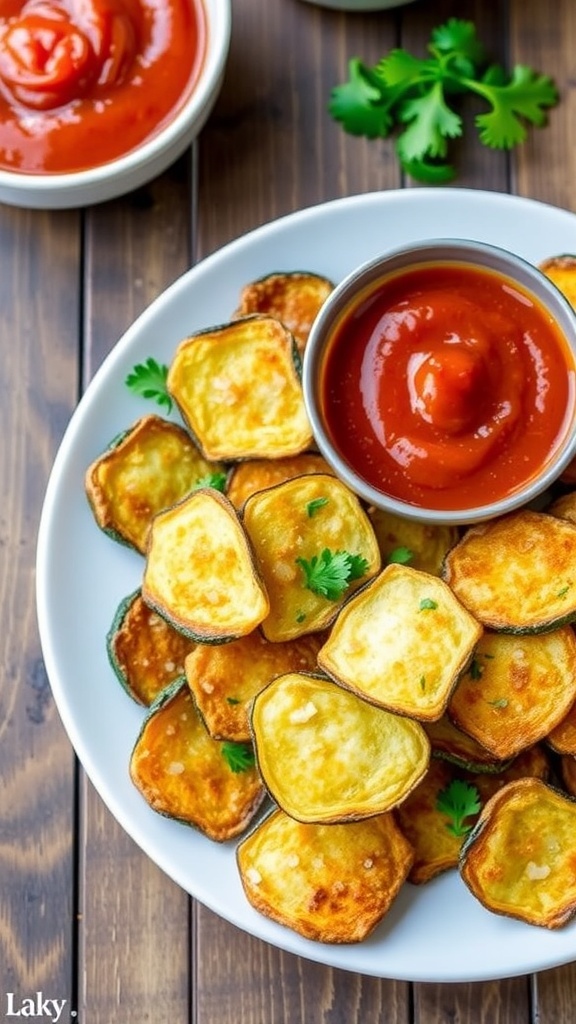 Crispy Parmesan Zucchini Chips in Air Fryer Crispy parmesan zucchini chips served with marinara sauce on a rustic wooden table.